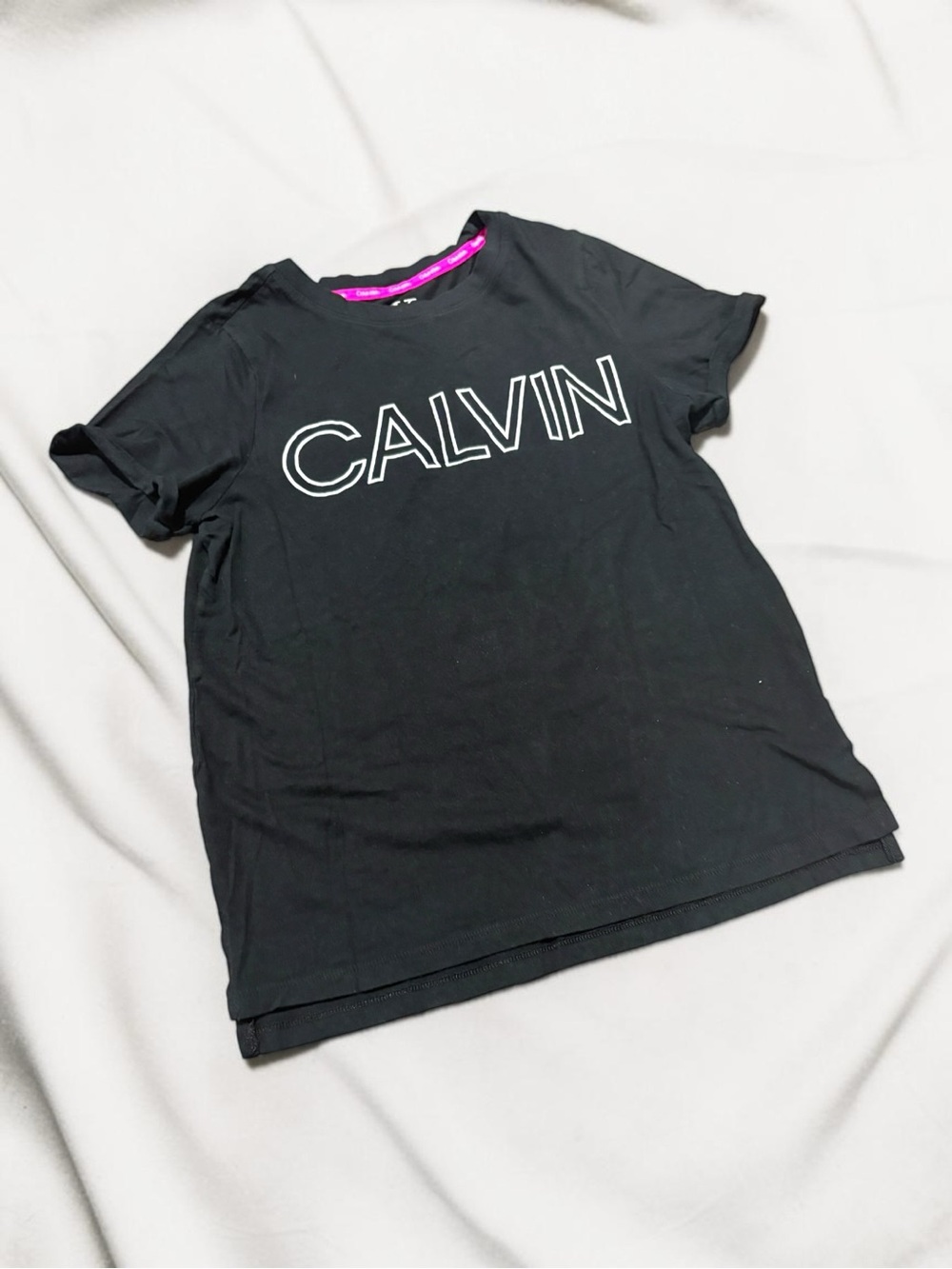 Calvin Klein Women's XS Soft Black Cotton T-Shirt w/ White Logo Rolled Sleeves